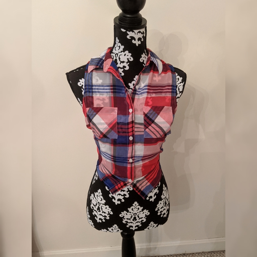5/$25 Sheer plaid sleeveless top